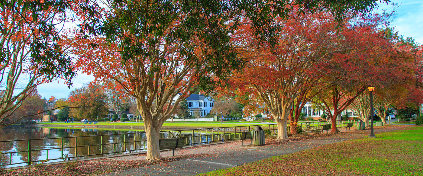 Park in the fall with changing colored leaves next to the water in Edenton, NC